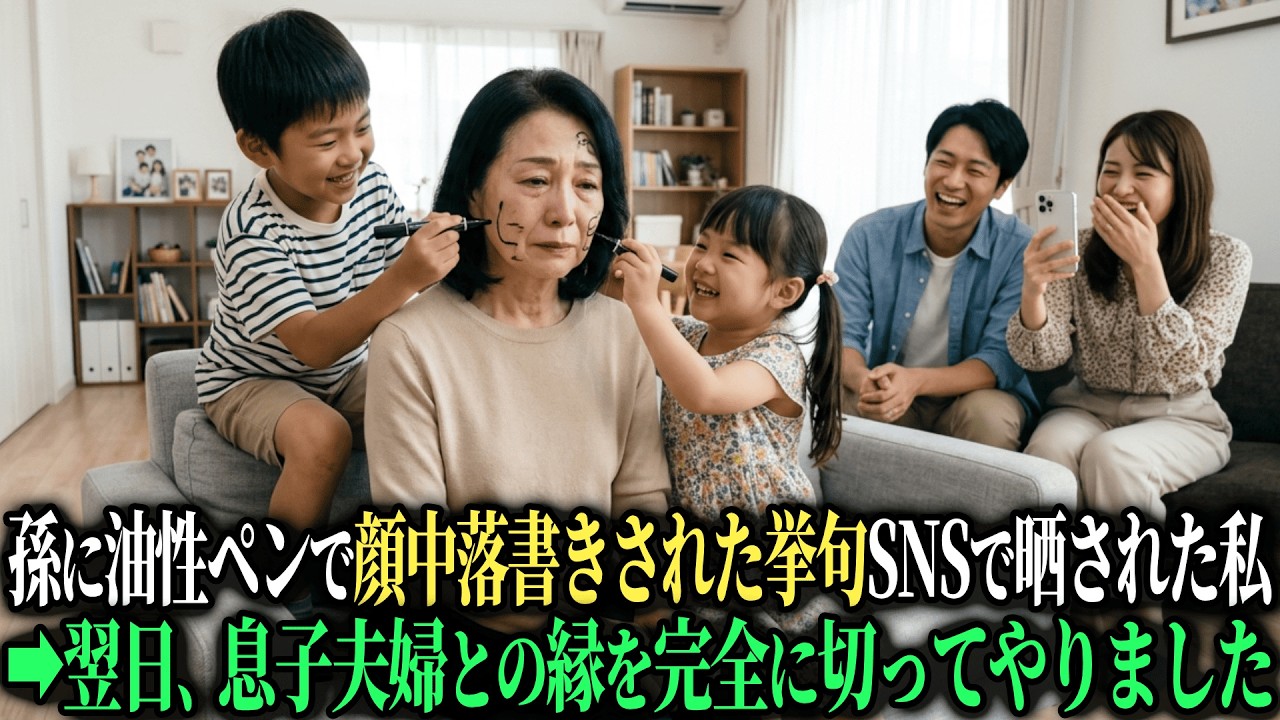 「おばあちゃんの顔にお絵描きしよ〜」孫に油性ペンで顔中落書きされた私。それを見て腹を抱えて笑う息子夫婦。写真を撮られSNSに晒された翌日、私は全ての縁を切りました【シニアのスカッと朗読】【老後の知恵】