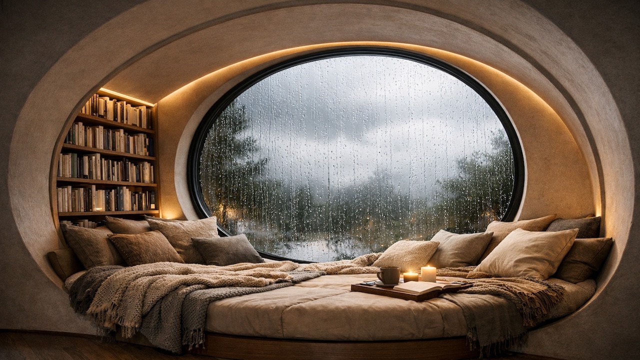 Modern Rainy Day Reading Nook Ambience | Cozy Library Window Ambience 🎶 Soft Jazz, Rain and Thunder