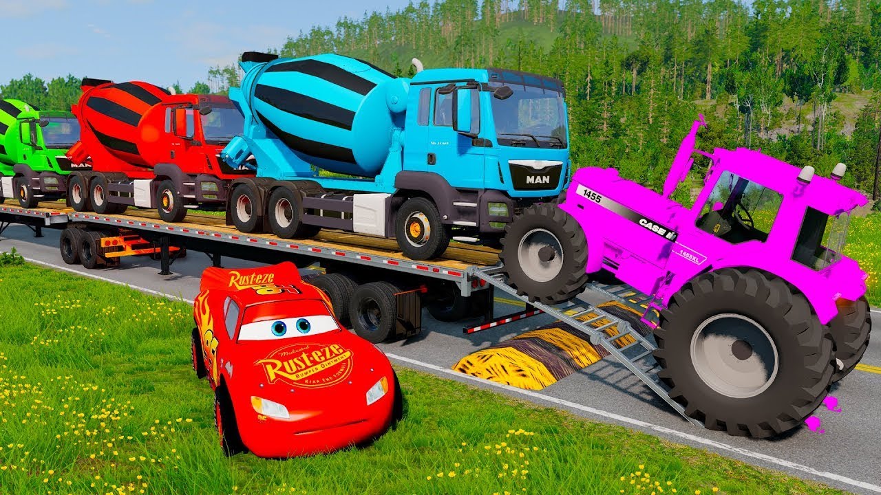 TRANSPORTING PIXAR CARS & FRUITS WITH COLORED & JOHN DEERE vs CLAAS vs TRACTORS - Beam NG drive #72