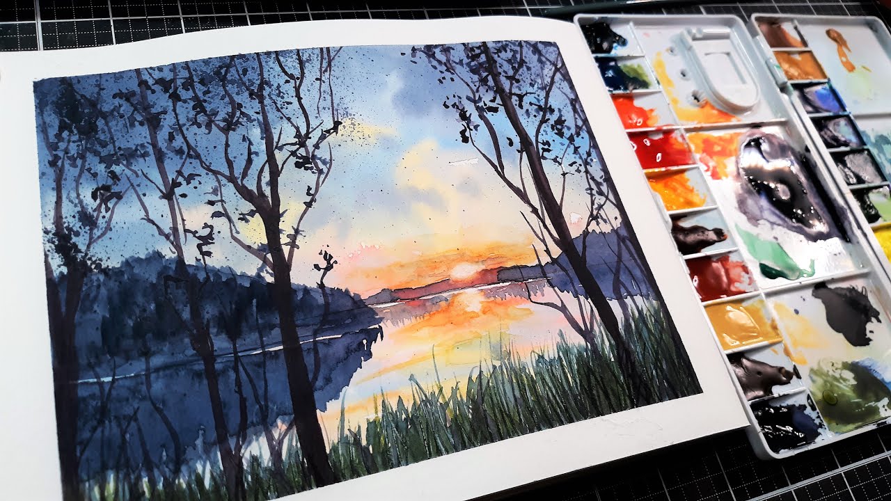 Easy sunset Lake Landscape in Watercolor