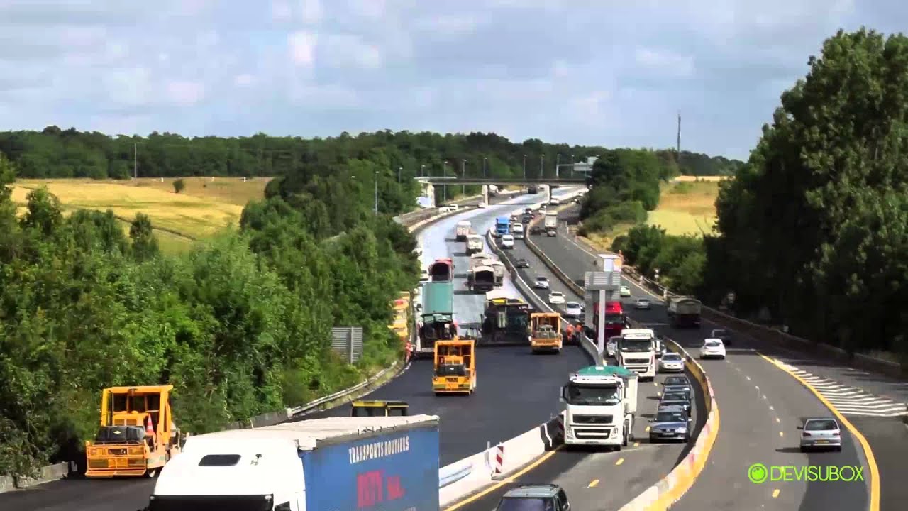 Chantier colas autoroute a6 juillet aout 2015 avec aximum, colas grands travaux et colas idfn