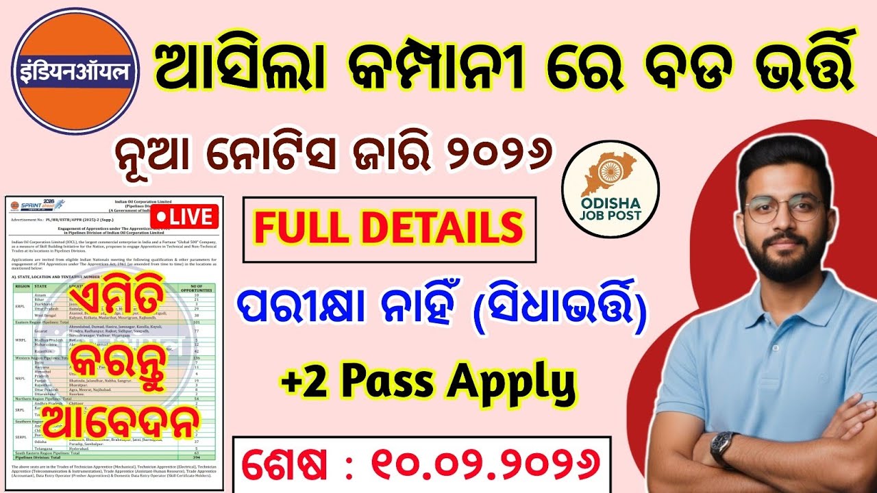 IOCL New Job Recruitment 2026 | 12th Pass Govt Jobs in Odisha | Odisha New Govt Job 2026 #odisha 