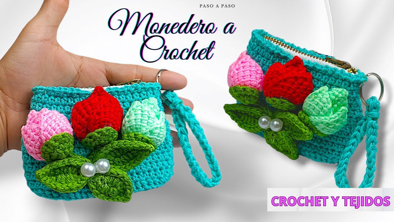 🌼🌺👜 GRANDIOSO monedero  tejido a crochet con FLORES EN 3D fácil mira el paso a paso