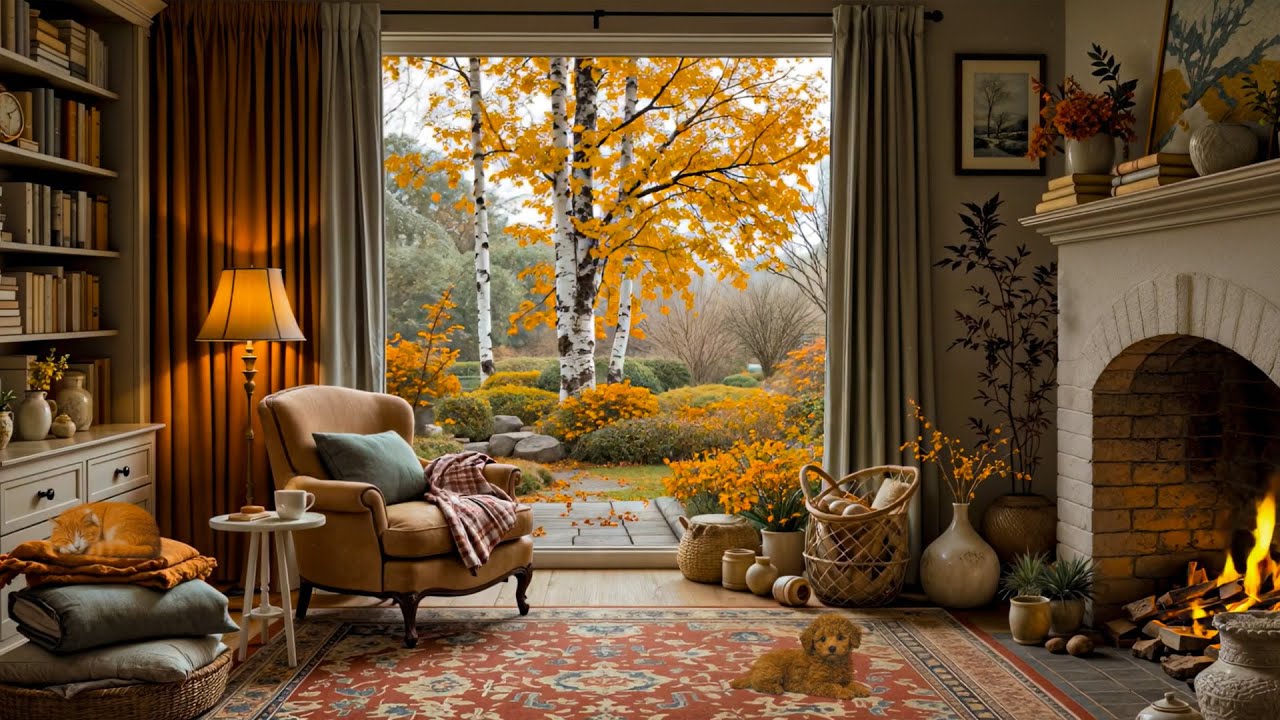 Relaxing Autumn Library Ambience – Fireplace, Garden View & Book Sounds 📚🍁