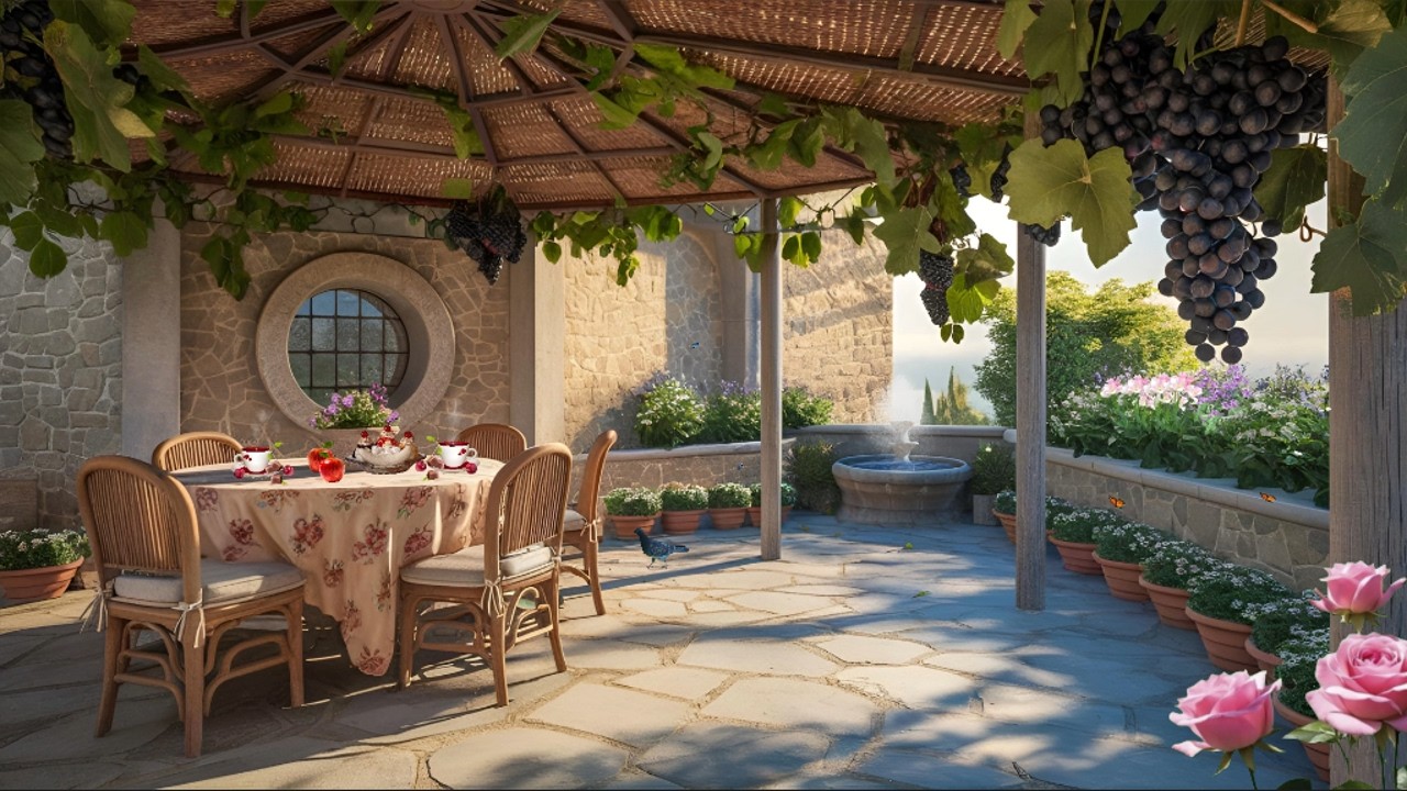 Summer Morning Ambience in a Peaceful Courtyard Garden with Fountain  Sound & Birdsong for Relaxing