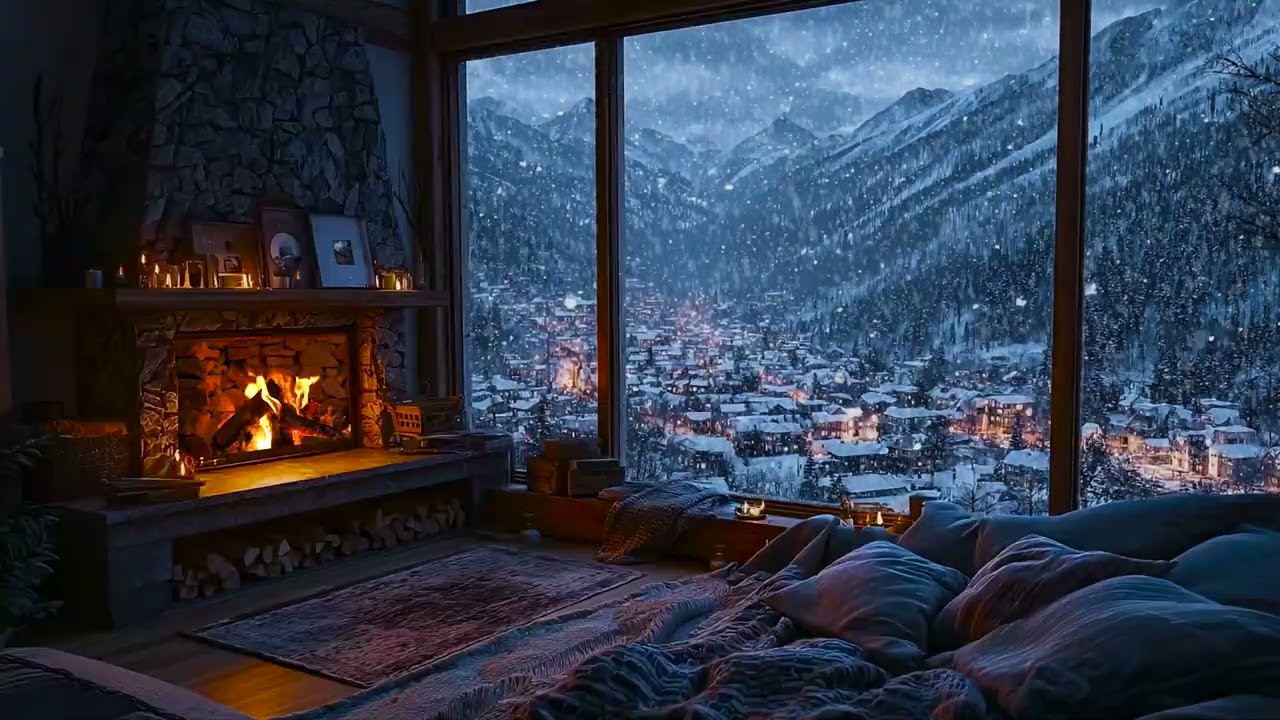 Serene Winter Cabin Atmosphere | Fireplace Crackling & Gentle Snow Sounds for Restful Sleep