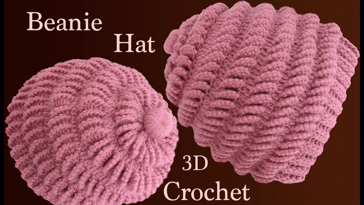 Gorro a Crochet en punto abanicos de lado en 3D tejido tallermanualperu