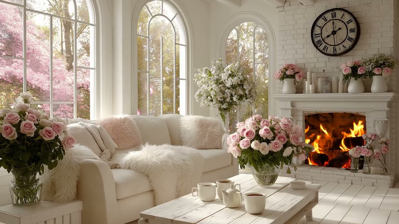 🌸 Peaceful Spring Piano | White Lounge with Sakura Petals Falling | Meditation Relax Study Sleep