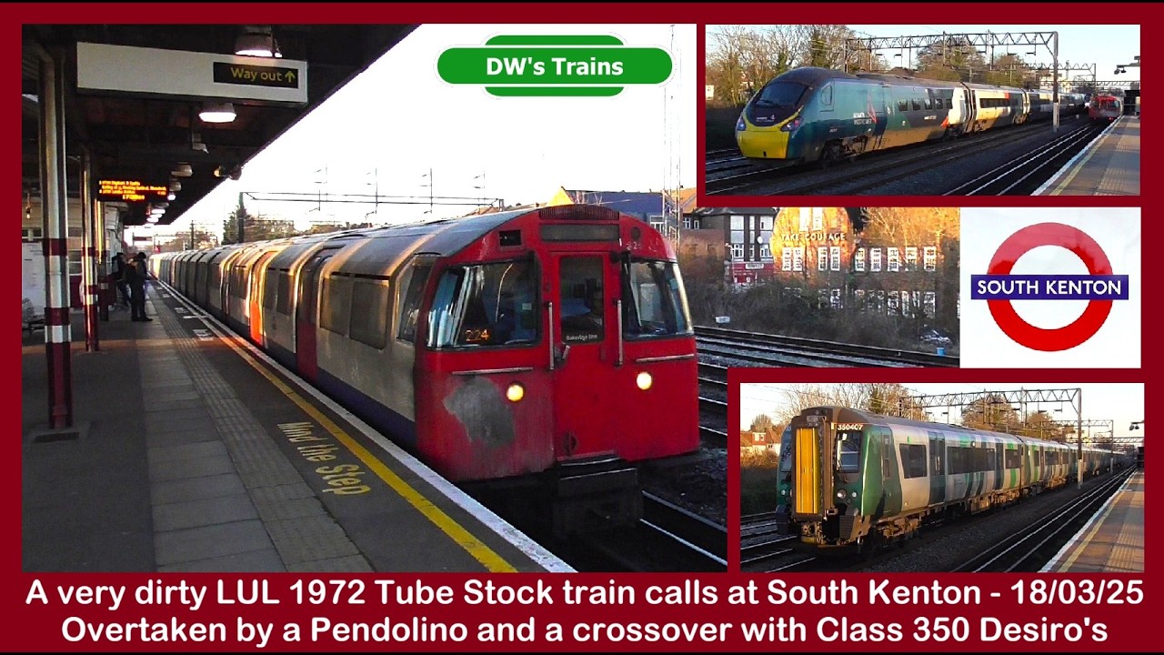 Very dirty LUL 72 Tube Stock calls at South Kenton, & a passing Pendolino and Desiros - 18/03/2025