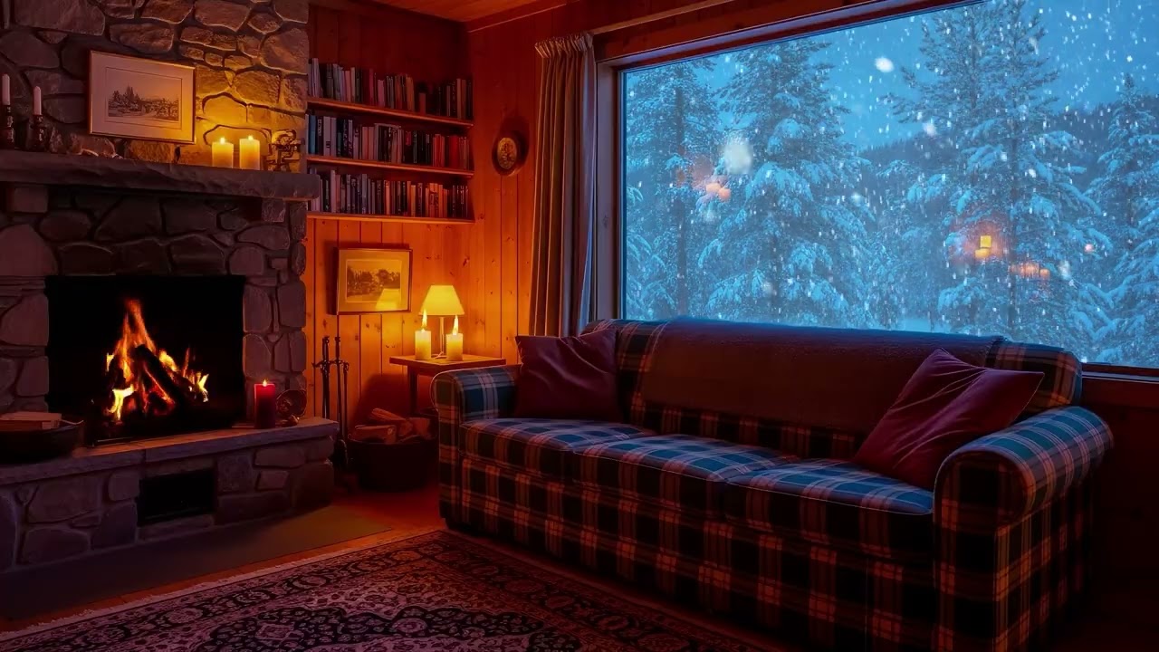 Deep Sleep in a Blizzard Night - Crackling Fireplace and Blizzard Sounds for Sleeping
