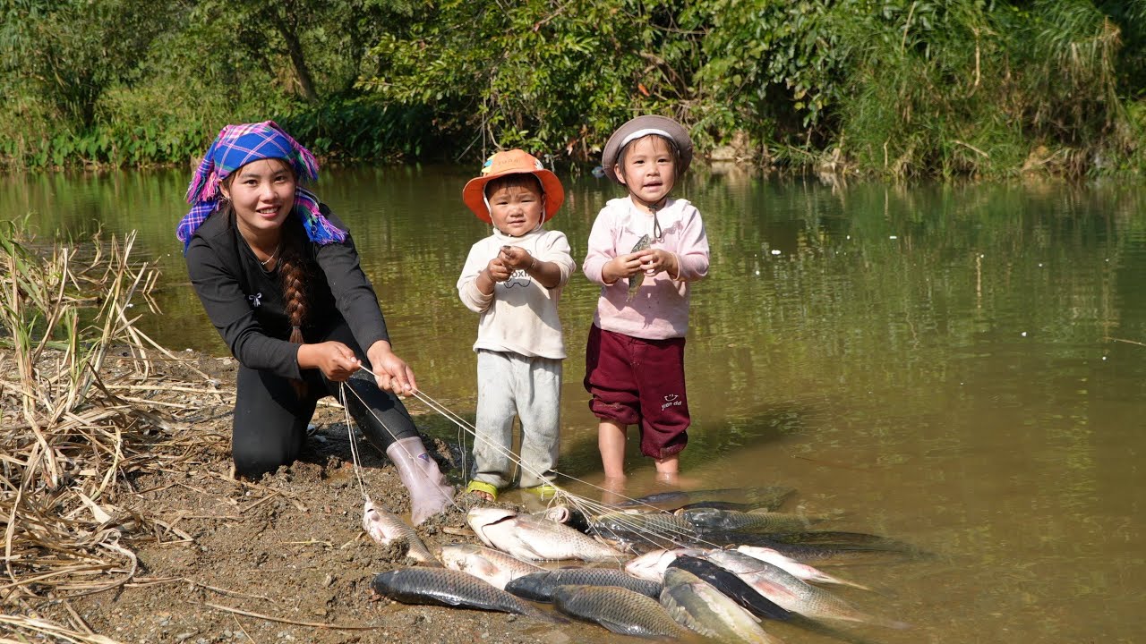 fishing techniques, trapping giant fish to sell at the market - cooking noodles, feeding little son