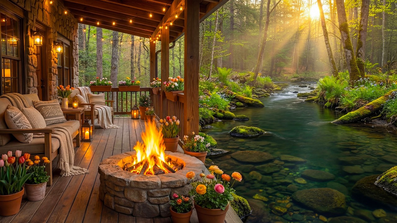 The Most Calming Cabin Porch in the Forest 🌲🔥 Crackling Fire Pit, Relaxing River & Nature Ambience
