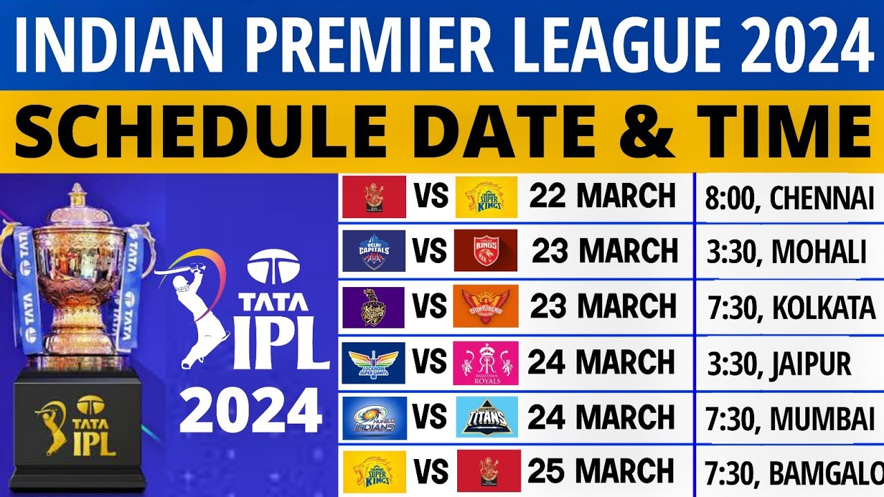 IPL 2024 Time Table | IPL 2024 Schedule | IPL 2024 Fixture | IPL 2024 Match List | 2024 IPL Schedule