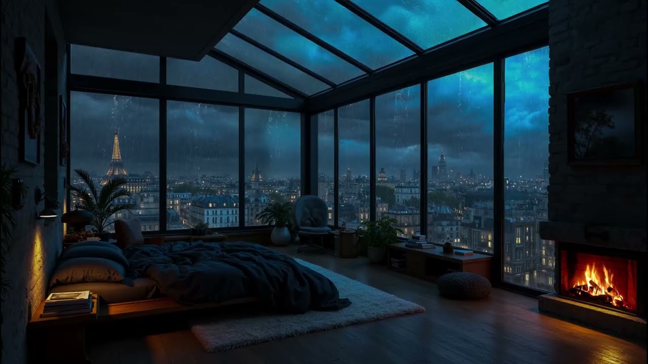 Cozy Bedroom At Paris Night 🌧️Crackling Fire & Gentle Rain Sounds for Deep Rest, Relaxation