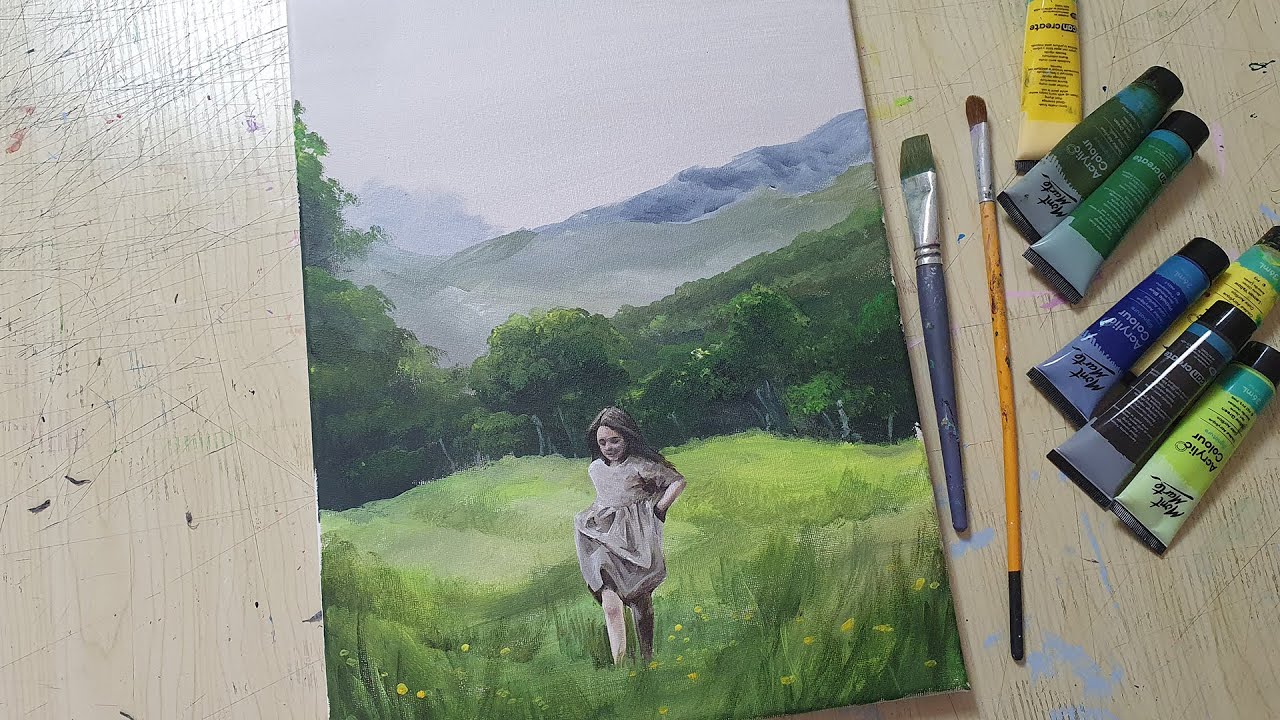 Acrylic painting / A girl /Landscape /Easy painting Tutorial #189