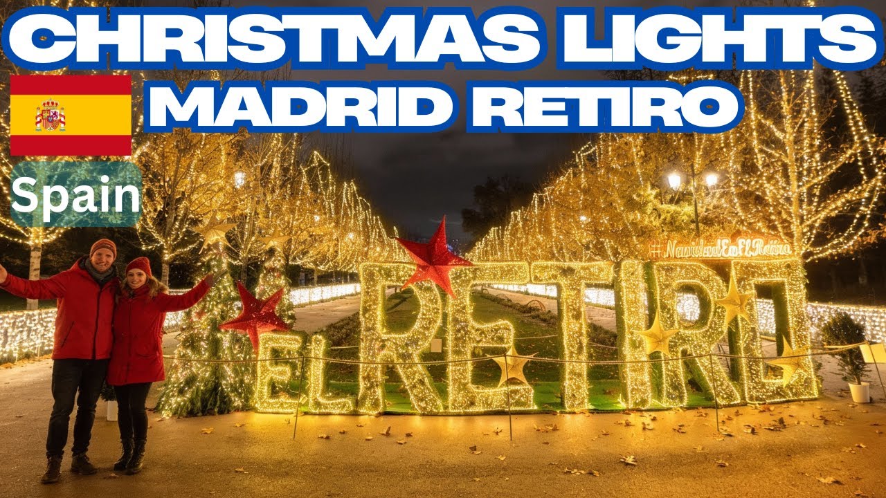 Retiro Park Madrid Christmas Lights. Night Walking Tour. Spain 4K