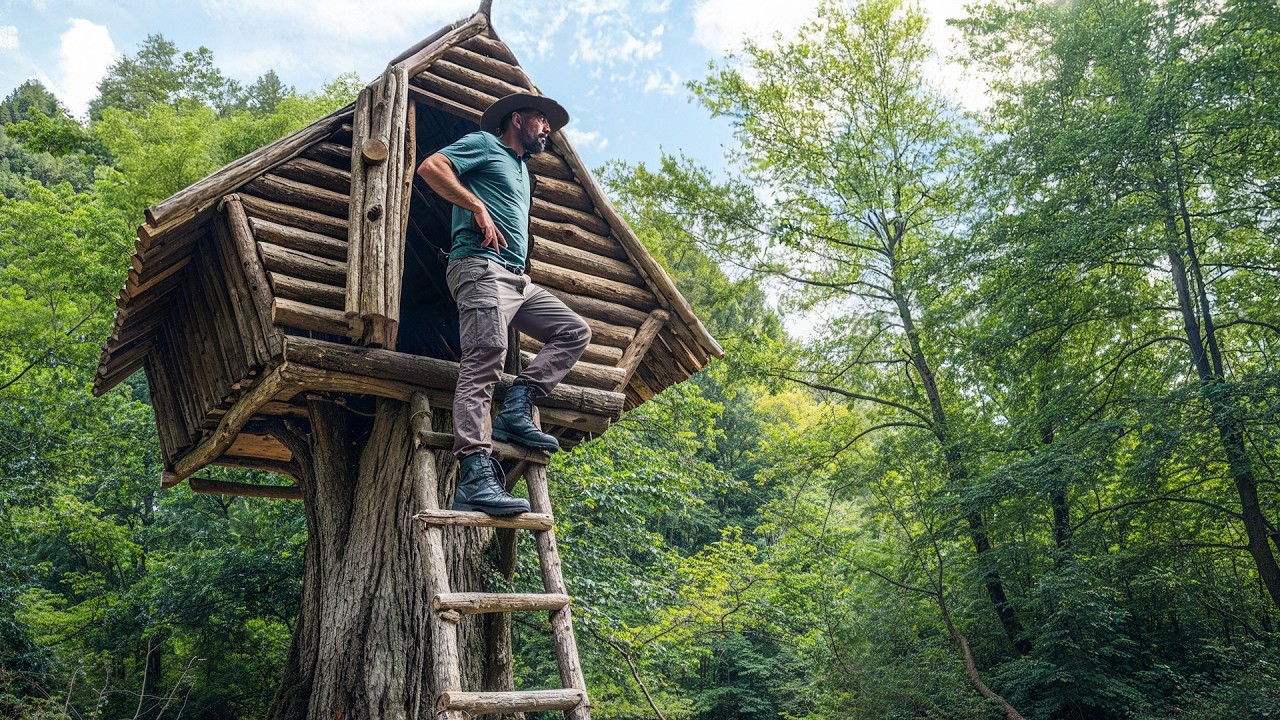 Bushcraft Treehouse on a Stump with Hand Tools and Dogs