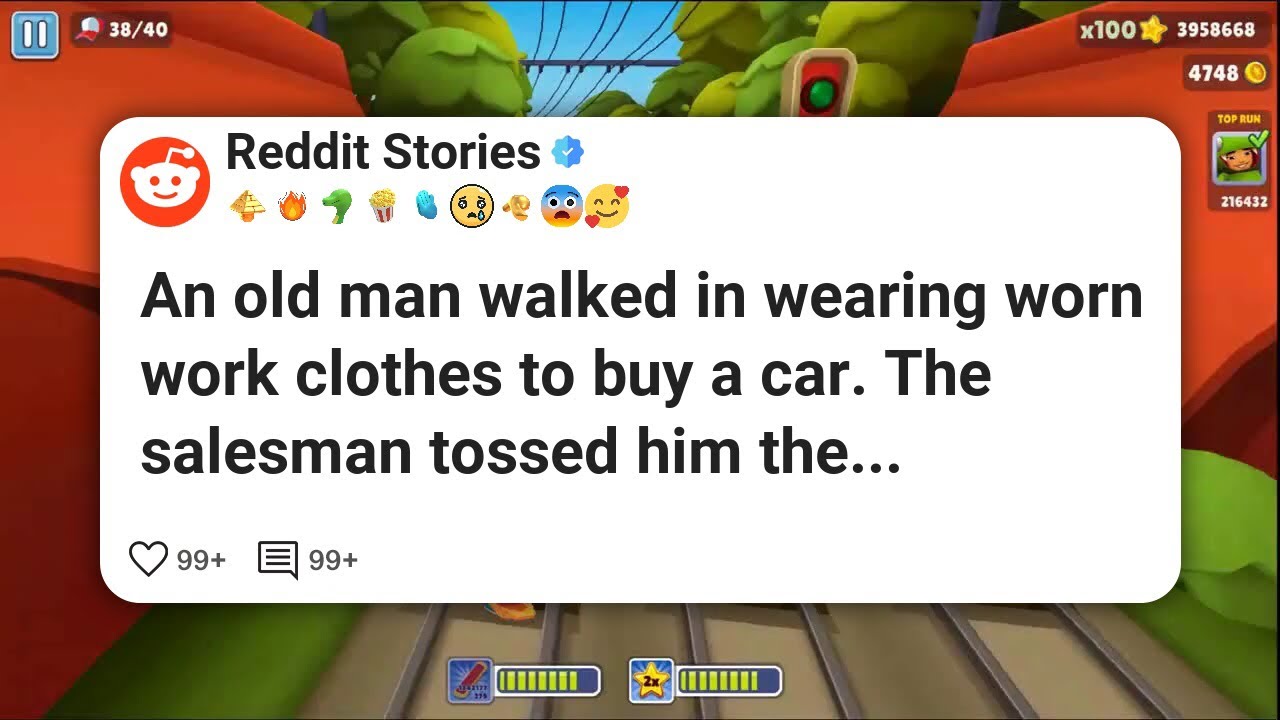 В магазин зашёл пожилой мужчина в поношенной рабочей одежде, чтобы купить машину. Продавец бросил...