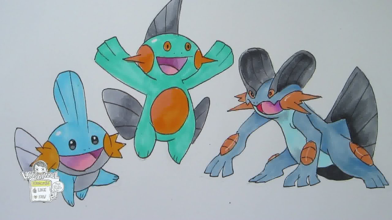 How to draw Pokemon: No. 258 Mudkip, No. 259 Marshtomp, No. 260 Swampert