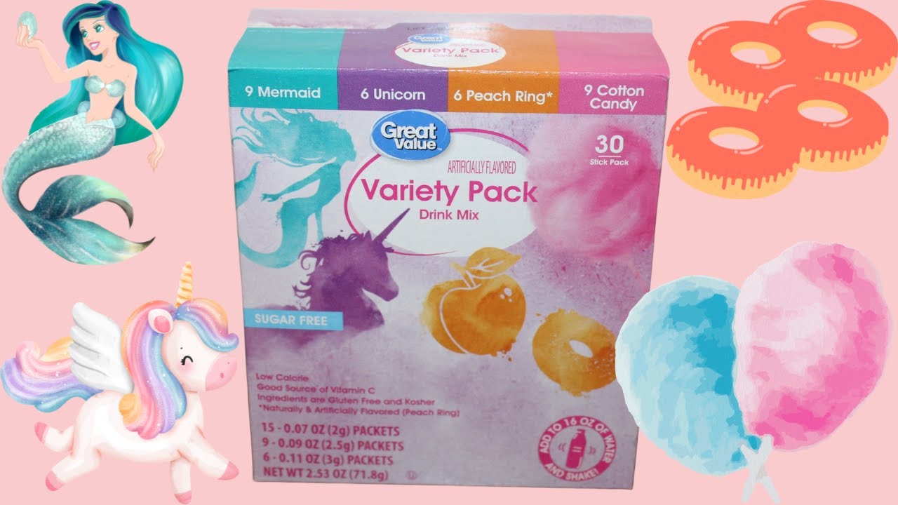Great Value (Walmart) Variety Pack Drink Mix: Mermaid, Unicorn, Peach Ring & Cotton Candy Review