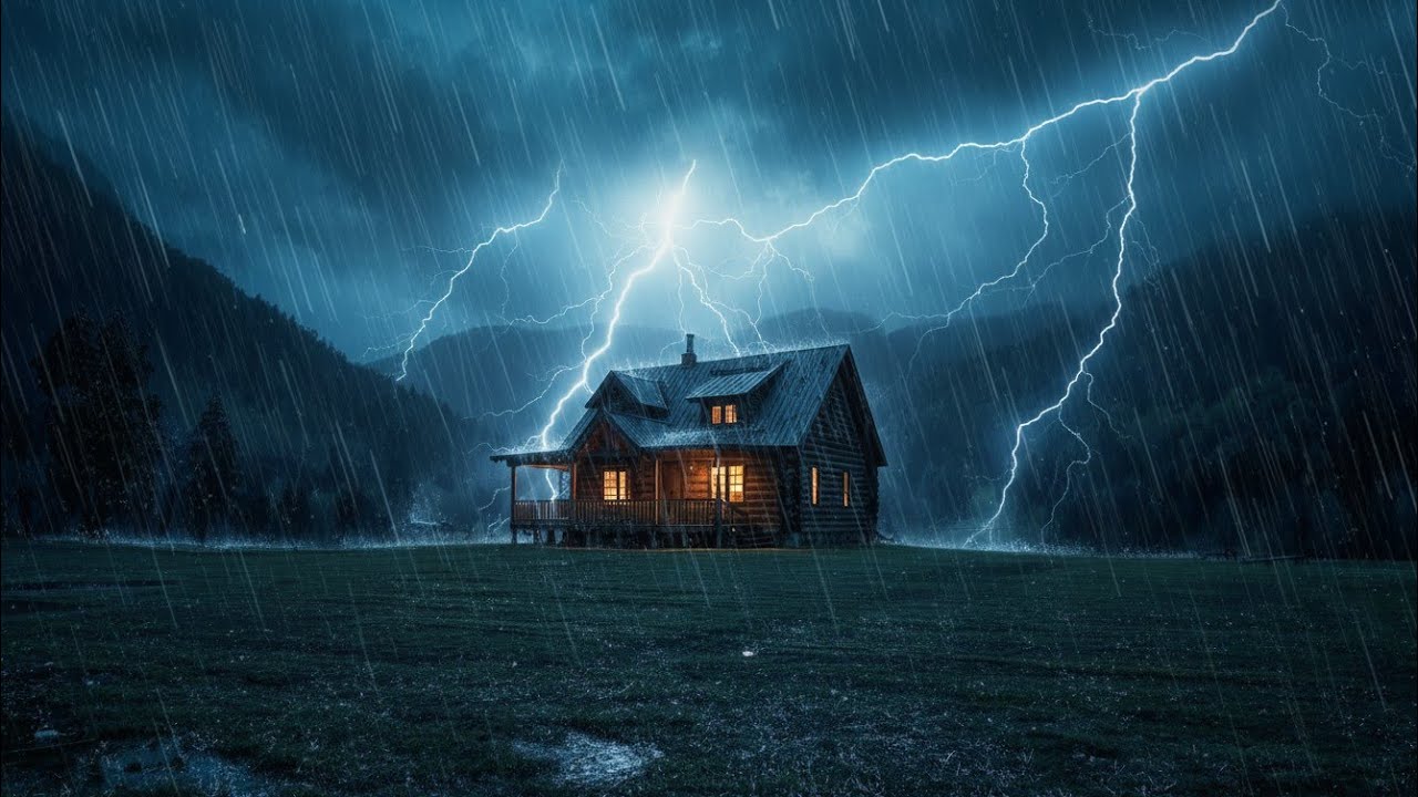 Heavy Rain & Thunderstorm at a Dark Mountain Cabin 🌧️⚡ Intense Storm Echoes for Deep Sleep