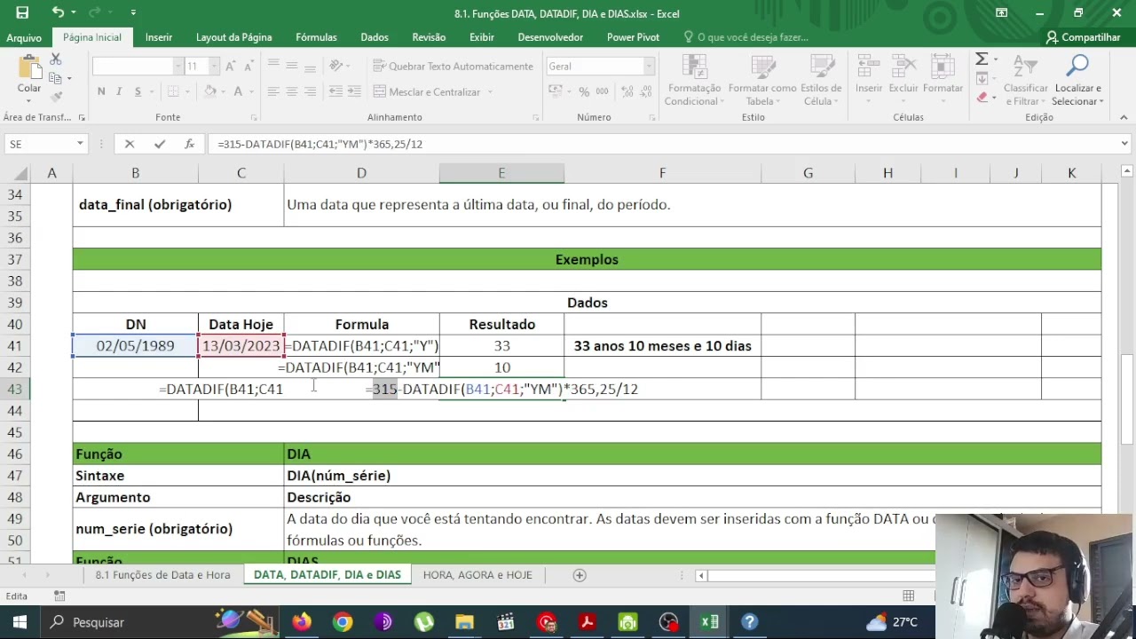 Excel - 8.1  Fun&ccedil;&otilde;es de Data e Hora: DATA, DATADIF, DIA e DIAS