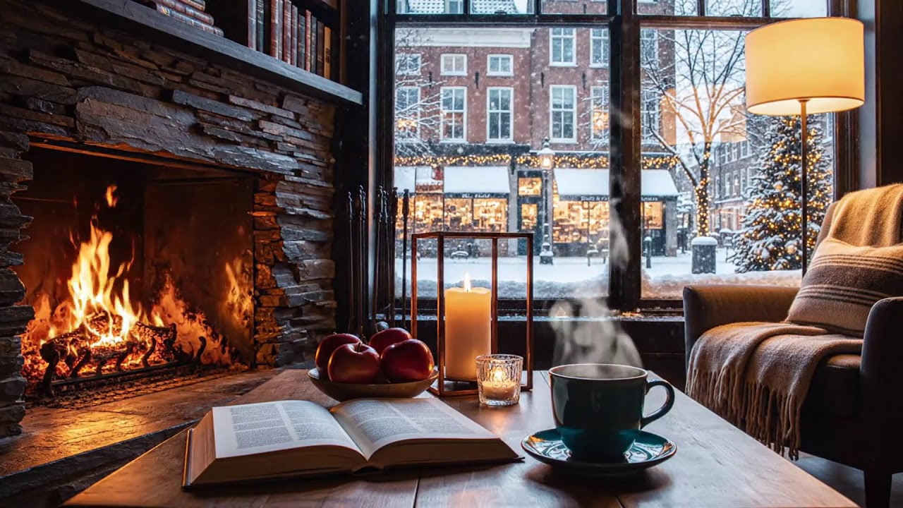 Winter Night Café Sounds ☕ Soft Jazz & Fireplace for Calm Productivity