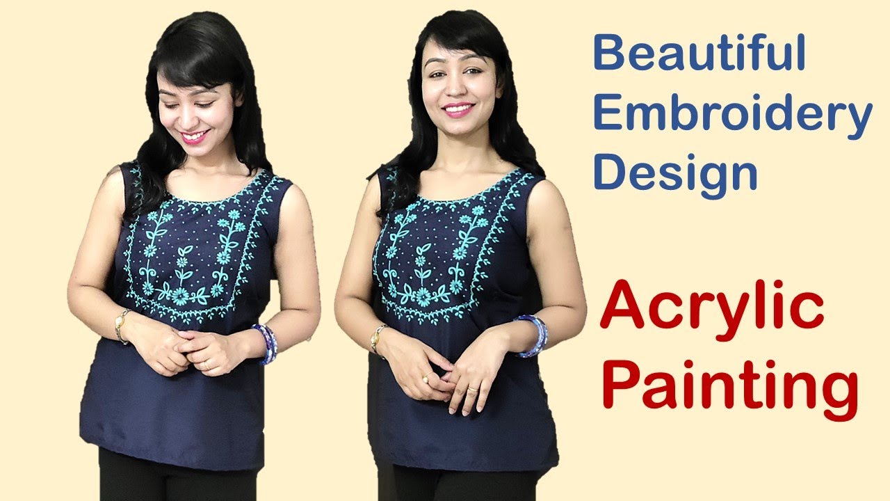 Beautiful Embroidery Design on Blue Top I Handmade Acrylic Painting