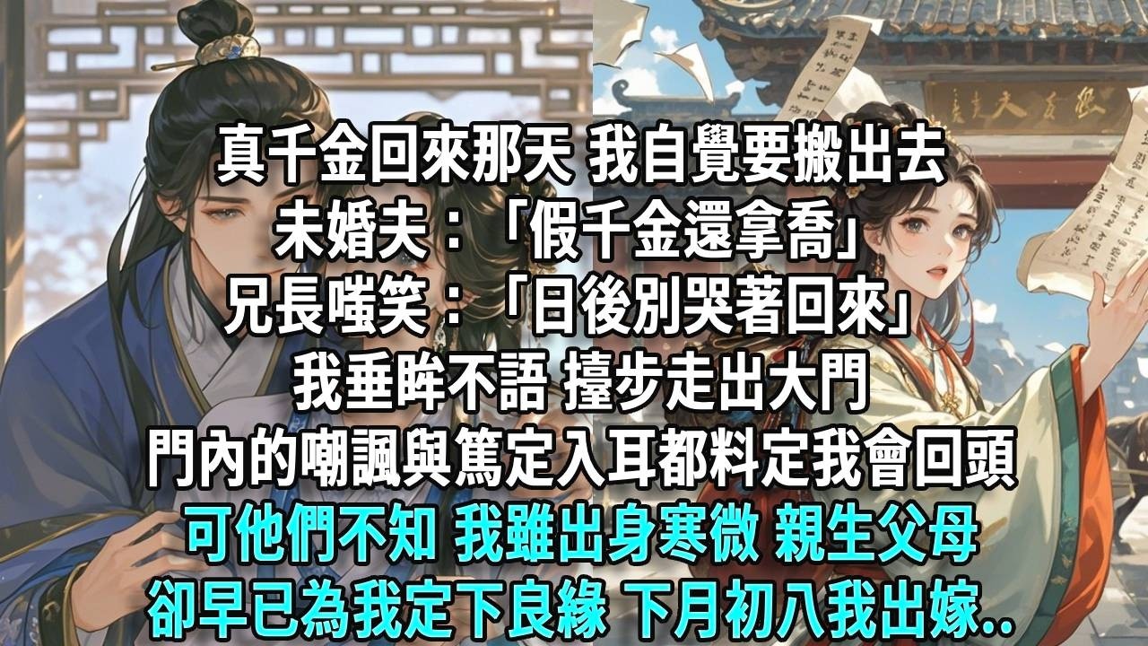 真千金回來那天，我自覺要搬出去。未婚夫：「假千金還拿喬。」兄長嗤笑：「日後別哭着回來。」我垂眸不語，抬步走出大門。門內的嘲諷與篤定入耳，都料定我會回頭。可他們不知，我雖出身寒微，親生父母卻早已為我定下