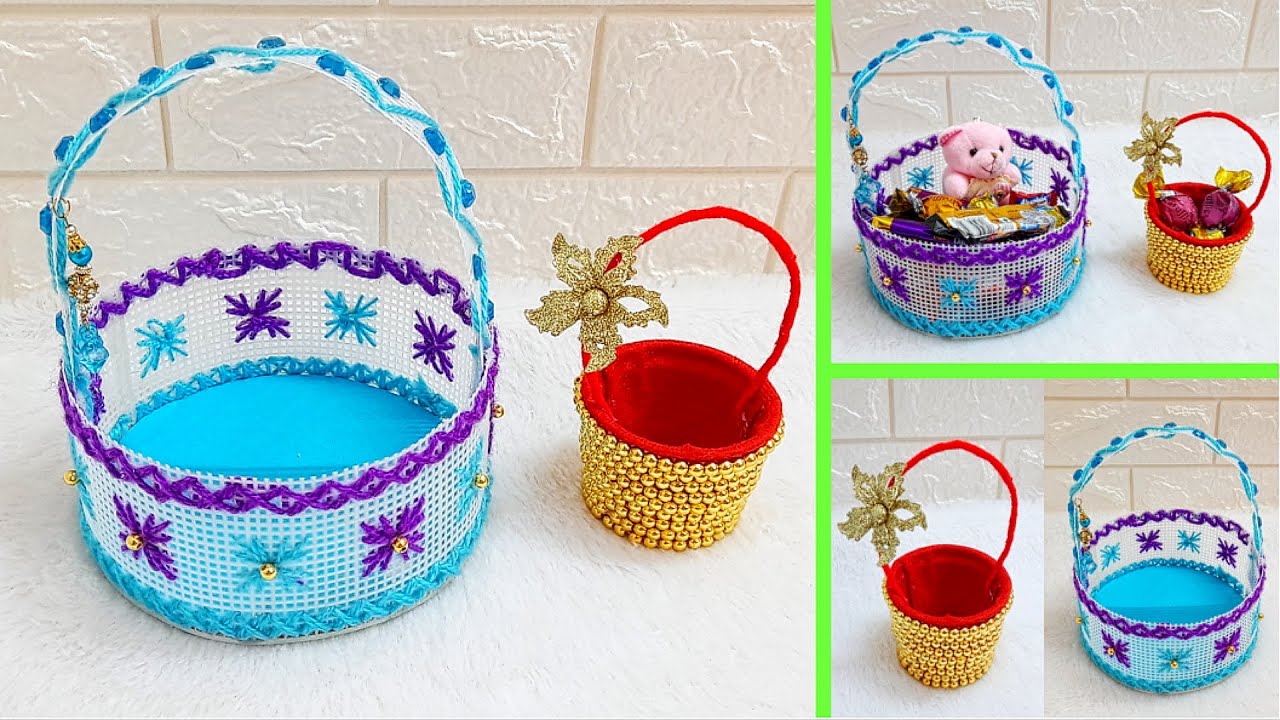2 Basket made with plastic canvas & recycled materials| DIY mother's day Gift idea-Best out of waste
