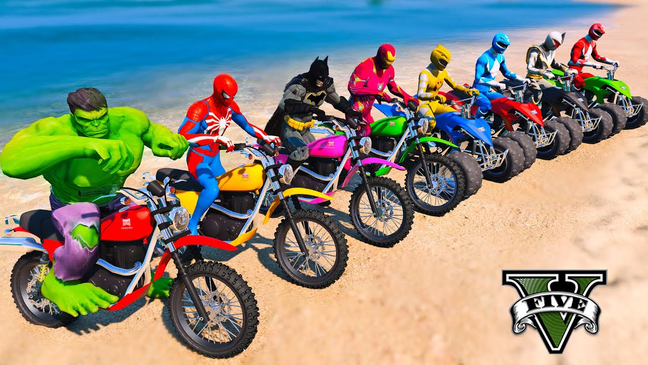 SUPERHEROES ARMY vs TEAM POWER RANGERS BICYCLES RACING,SPIDERMAN MOTORBIKES RACE on MEGA RAMP -GTA 5
