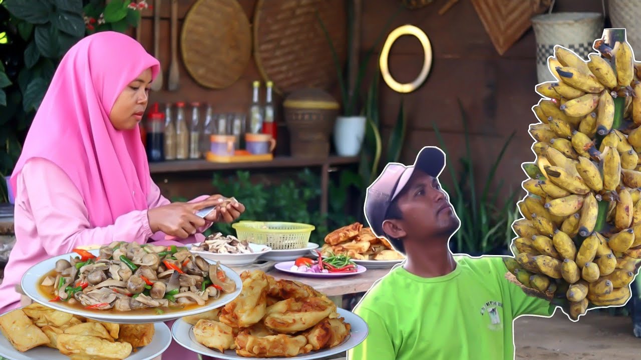 Panen pisang masak di pohon🍌 Masak jamur sawit yang enak, pisang tempe tahu goreng