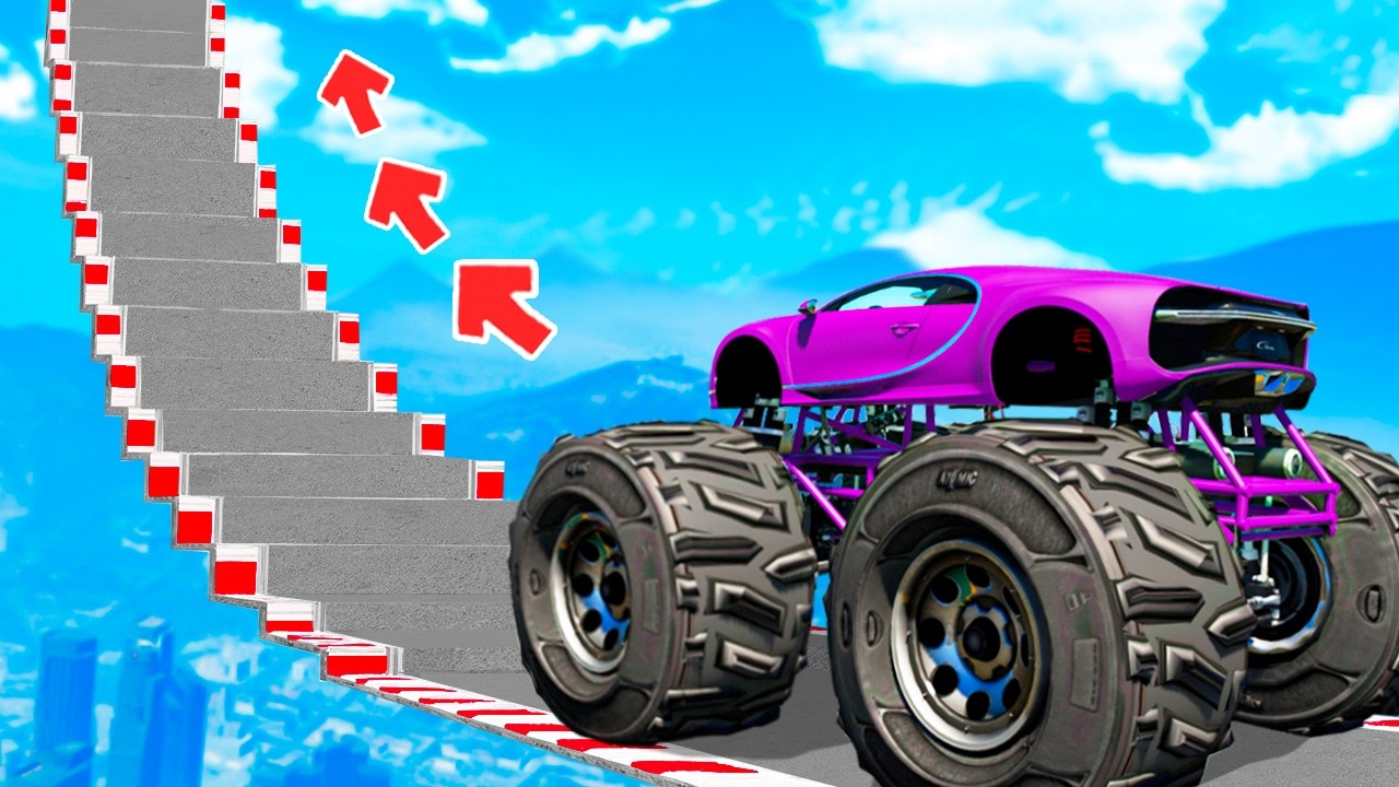 ¿PUEDE UN COCHE GIGANTE SUBIR POR LA ESCALERA MÁS ALTA DE GTA 5? - EXPERIMENTOS EN GTA 5