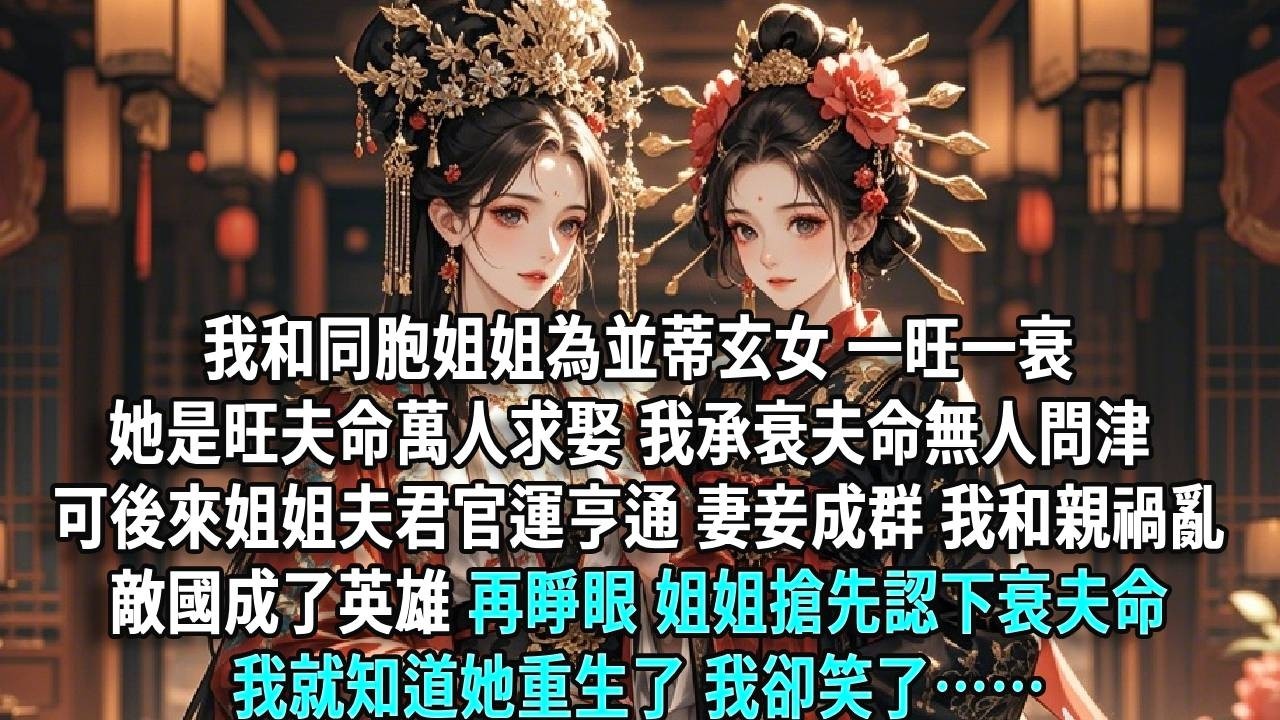 我和同胞姐姐為並蒂玄女，一旺一衰。她是旺夫命，萬人求娶；我承衰夫命，無人問津。可後來姐姐夫君官運亨通，妻妾成群；我前往和親，禍亂敵國，歸來成了英雄。再睜眼，姐姐搶先認下衰夫命，我就知道她重生了，我卻笑