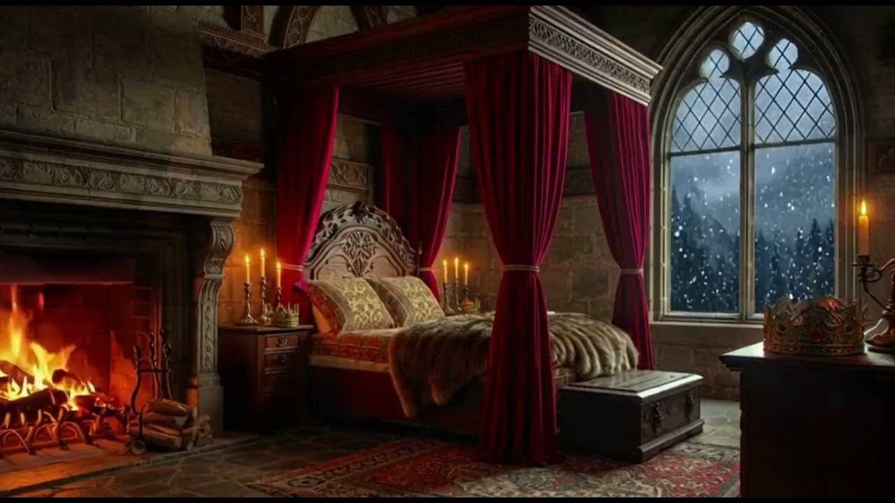 Cozy Medieval Bedroom 🛏️❄️🔥 | Snow Outside Window | 3 Hours Fireplace Ambience for Sleep