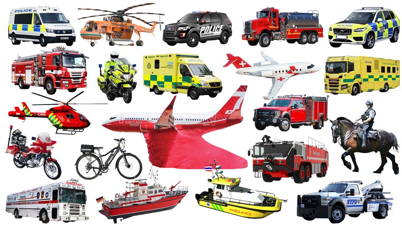 Learning Emergency Vehicles in English - Police, Fire, Ambulance, Rescue Trucks for Kids