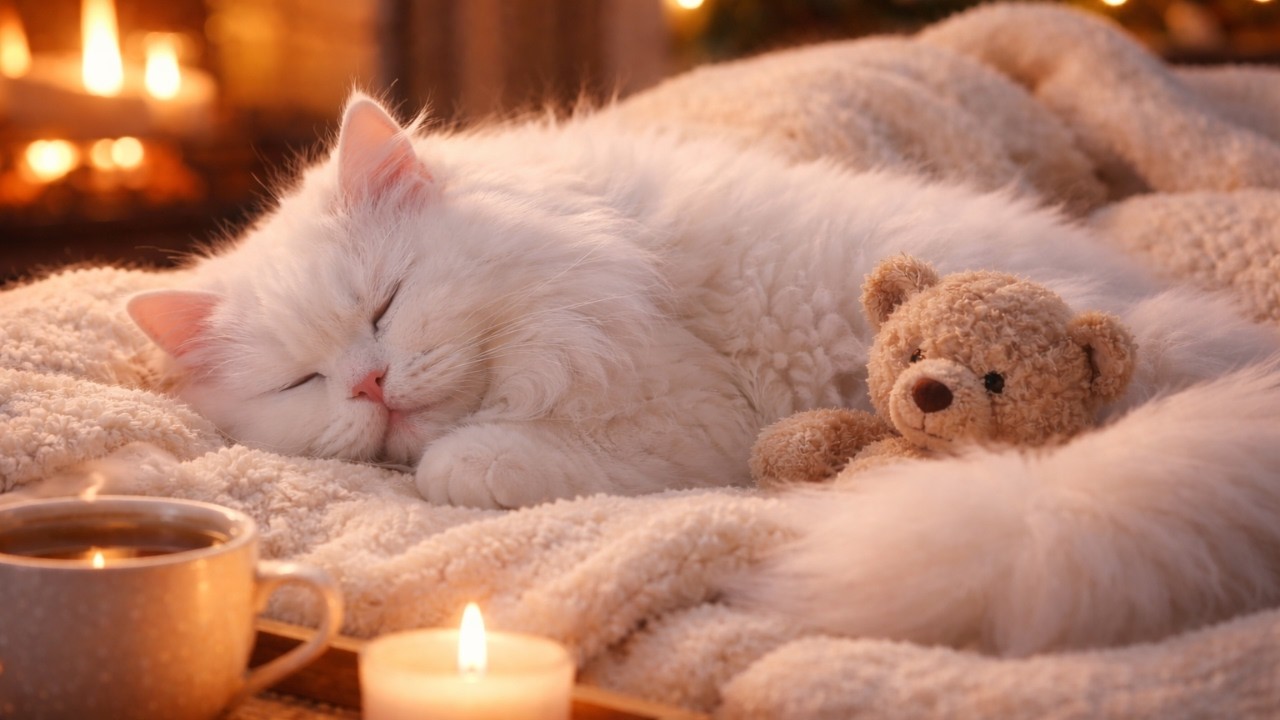 Cat Purring Sound for Deep Sleep 🐾🔥 | Calming Cat Sleep Music with Cozy Fireplace Ambience