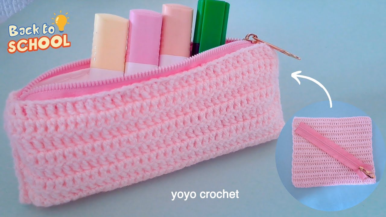 كروشية مقلمة مدرسية سهلة للمبتدئين !! بقطعة واحدة !! Crochet pencil case for beginners #يويو_كروشية