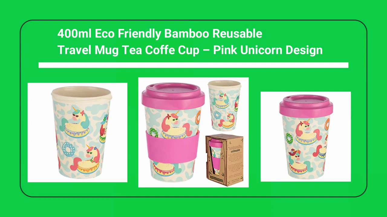 400ml Eco-Friendly Bamboo Reusable Travel Mug Tea Coffe Cup &ndash; Pink Unicorn Design