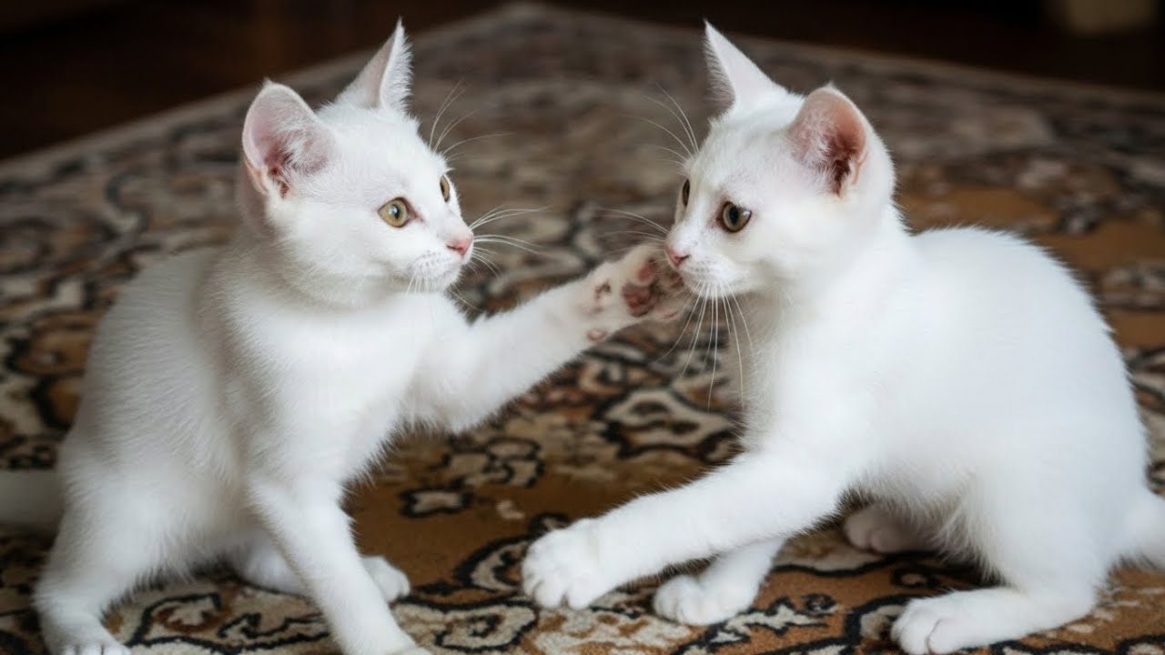 Anak Kucing Kembar Kejar-kejaran, Kucing Putih Lucu Bertengkar Di Dalam Rumah