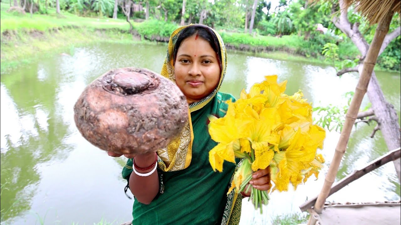 গ্রামবাংলার খুব জনপ্রিয় রেসিপি ওল কচুর ধোকা আর কুমড়ো ফুলের বড়া|| pumpkin flower recipe||village food