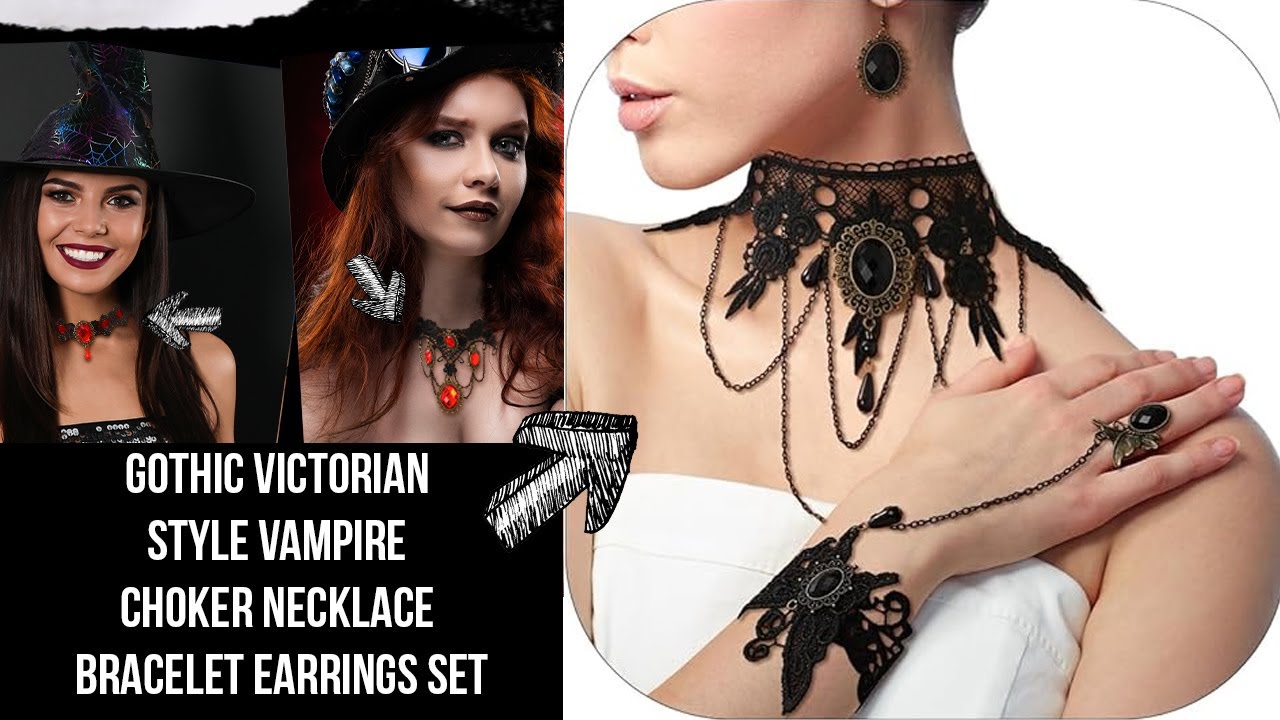Gothic Victorian Style Vampire Choker Necklace Bracelet Earrings Set