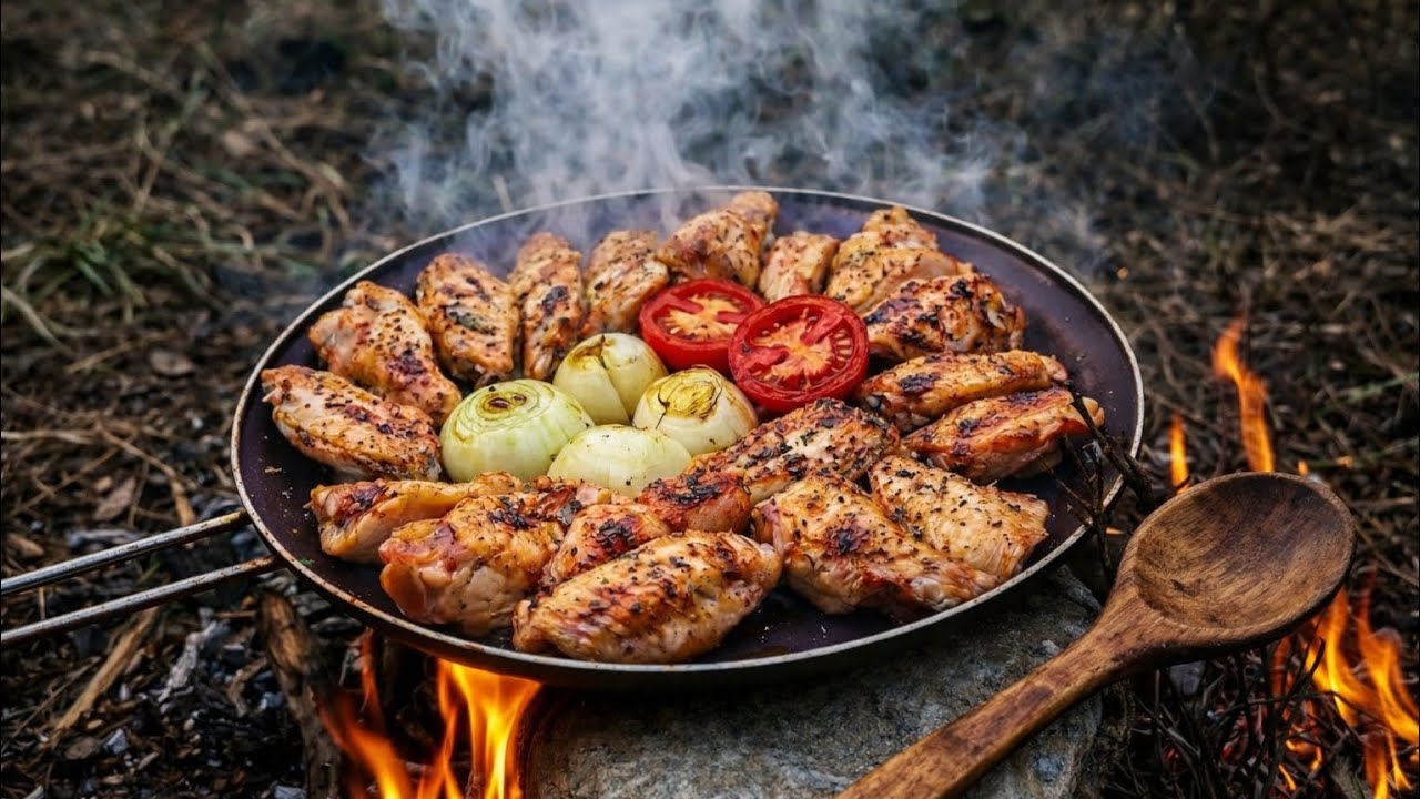 Chicken Wings in a Pan Over the Fire in Nature | Legendary Taste 🔥 #survival #food#campping #outdoor