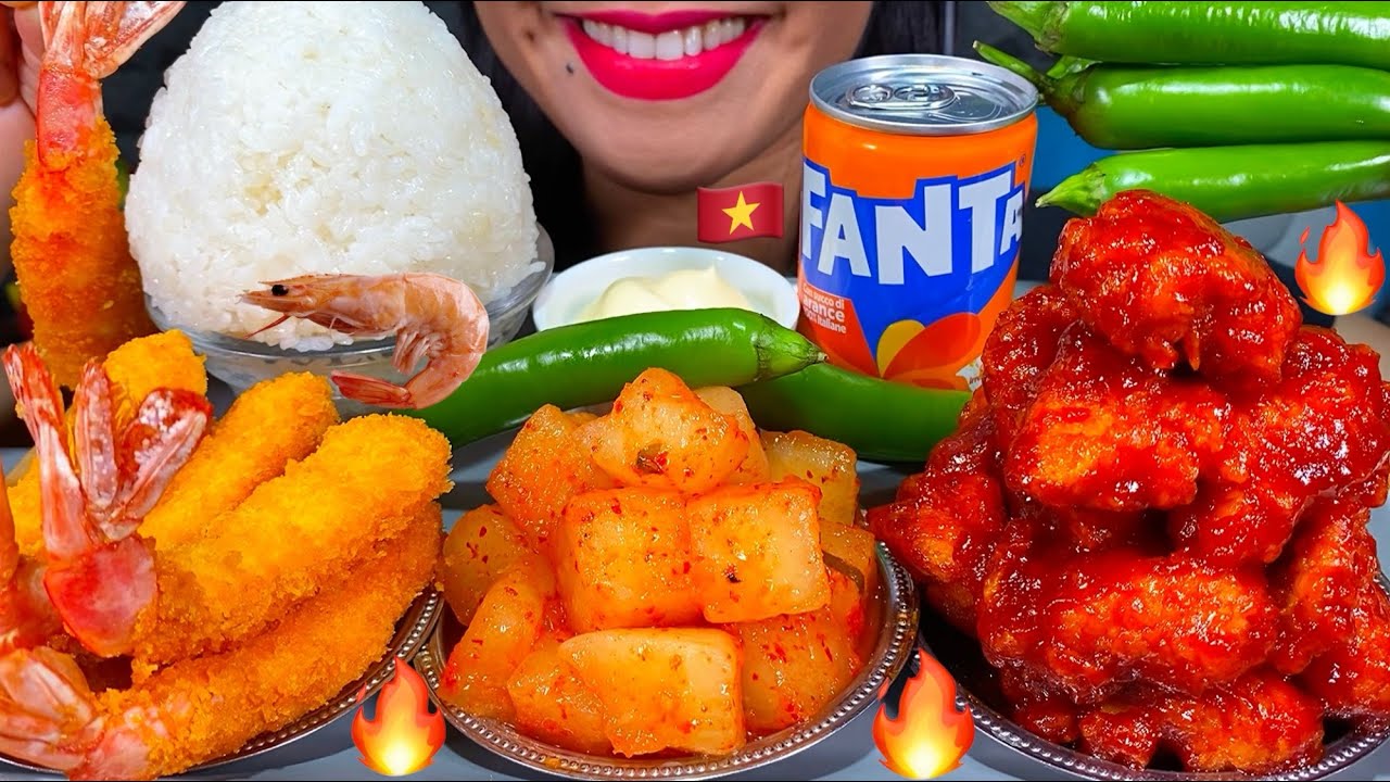 ASMR SPICY FRIED CHICKEN, FRIED SHRIMP, RADISH KIMCHI, CHILI, RICE MUKBANG MASSIVE Eating Sounds