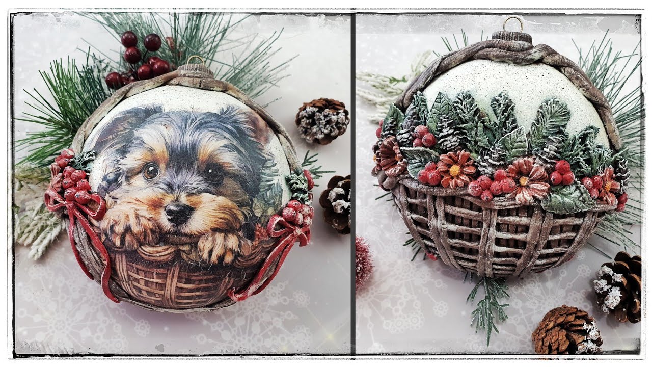 Decoupage: medallion, FRANEK the Yorkie in a Christmas basket 😉🐾