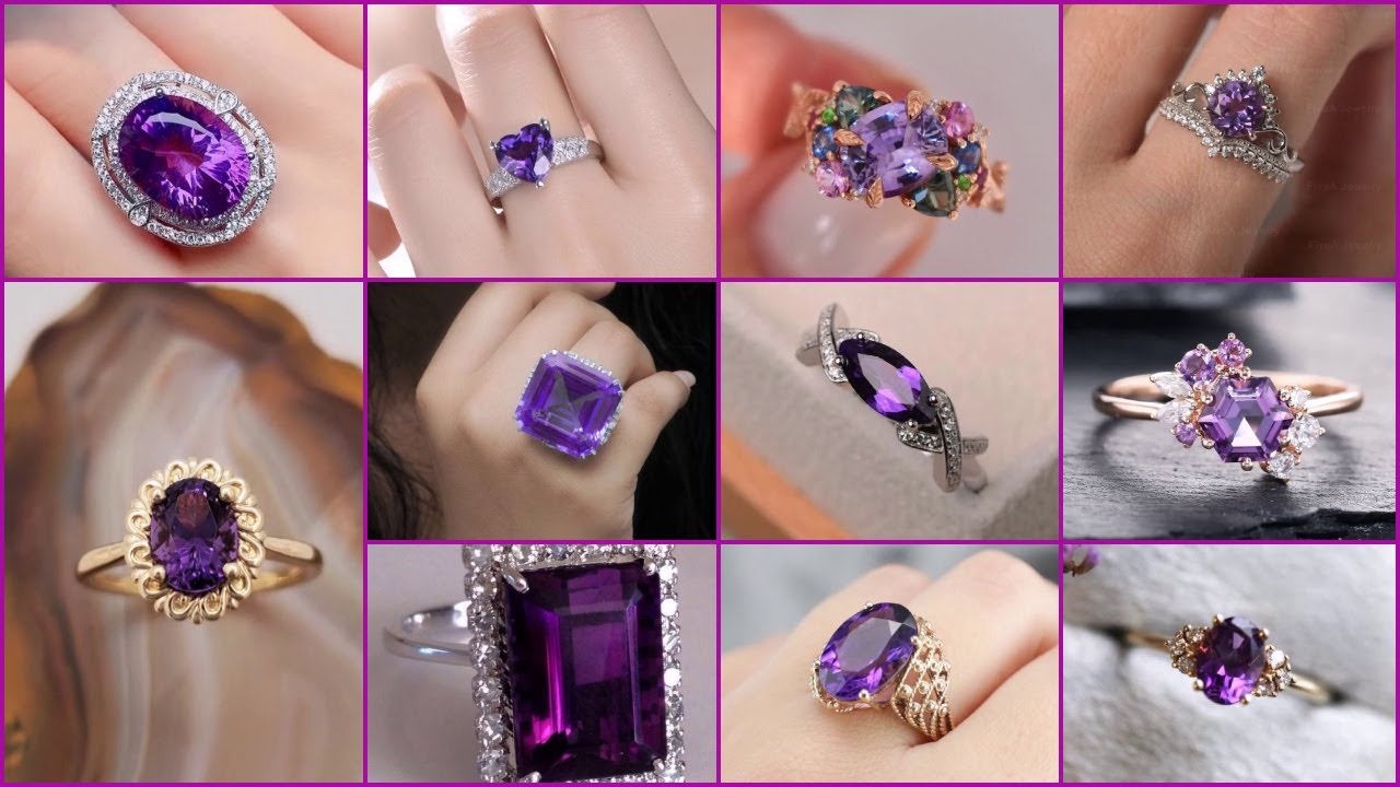 stone ring💍 single stone purple gold rings design for ladies||Amethyst purple stone ring collection