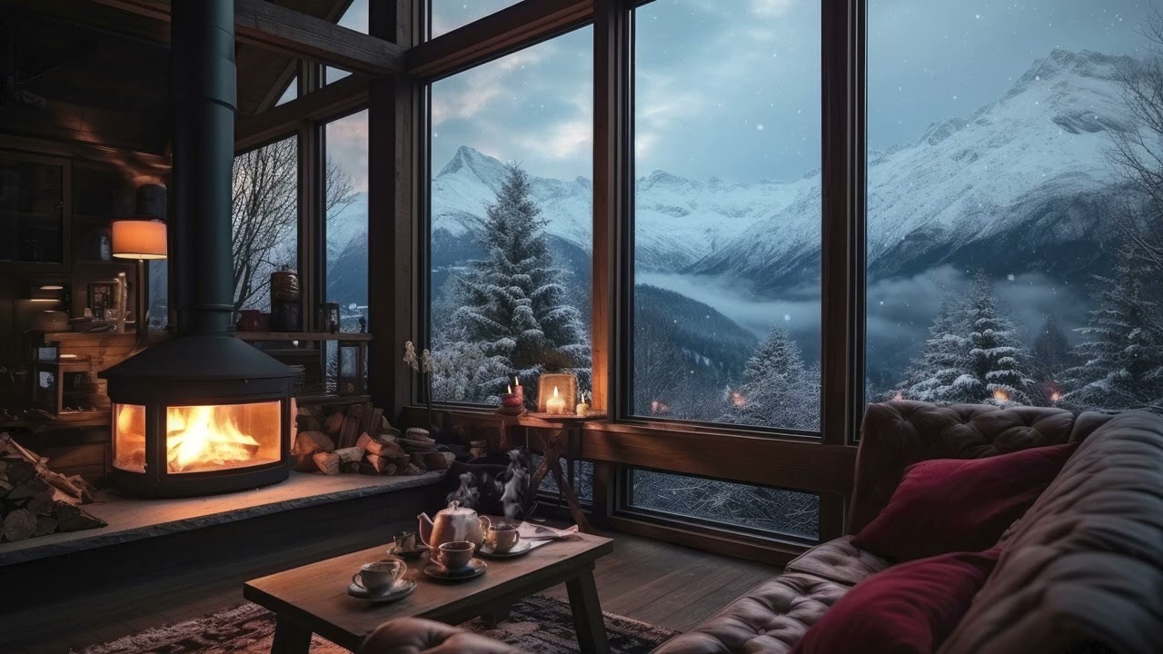 view snow mountains winter from inside cabin, ambience animation background, winter moving art