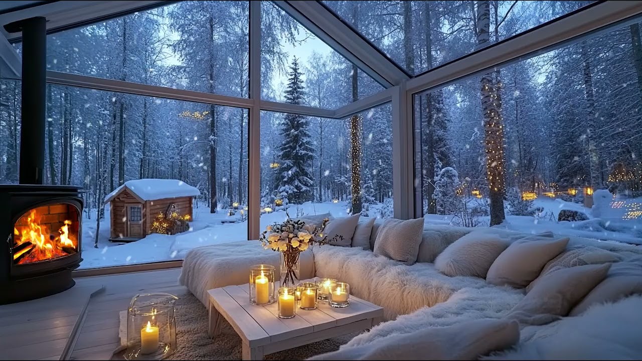 Cozy Winter Lounge Piano with Fireplace Ambiance and Snowy Night for Deep Sleep Focus Study Music HD