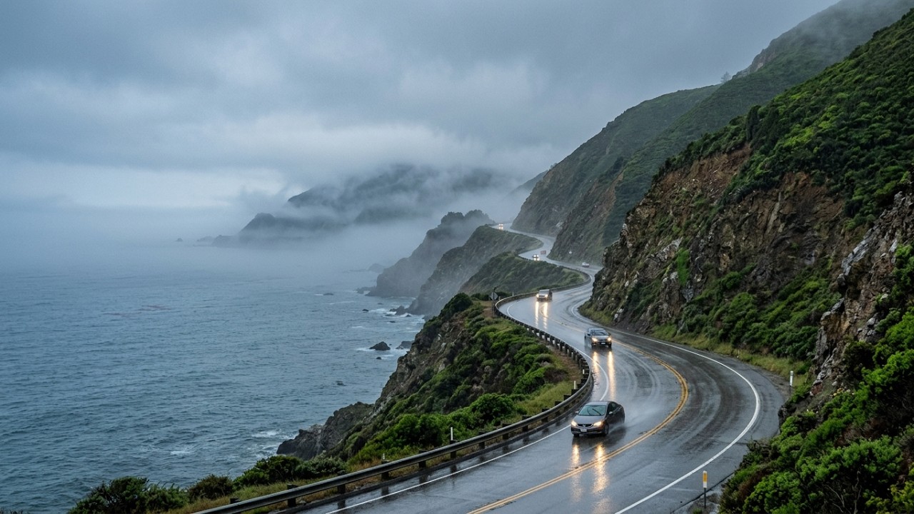 Santa Cruz to Monterey Drive on Highway 1 Rainy Coastal Morning