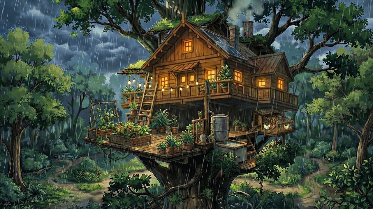 Rainy Day at Dream Treehouse: Cozy Forest Life | Cozy Cooking & ASMR | Ghibli-Style Video